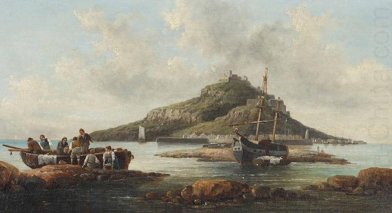 Coastal scene with islet and fishing folk, William Tomkins